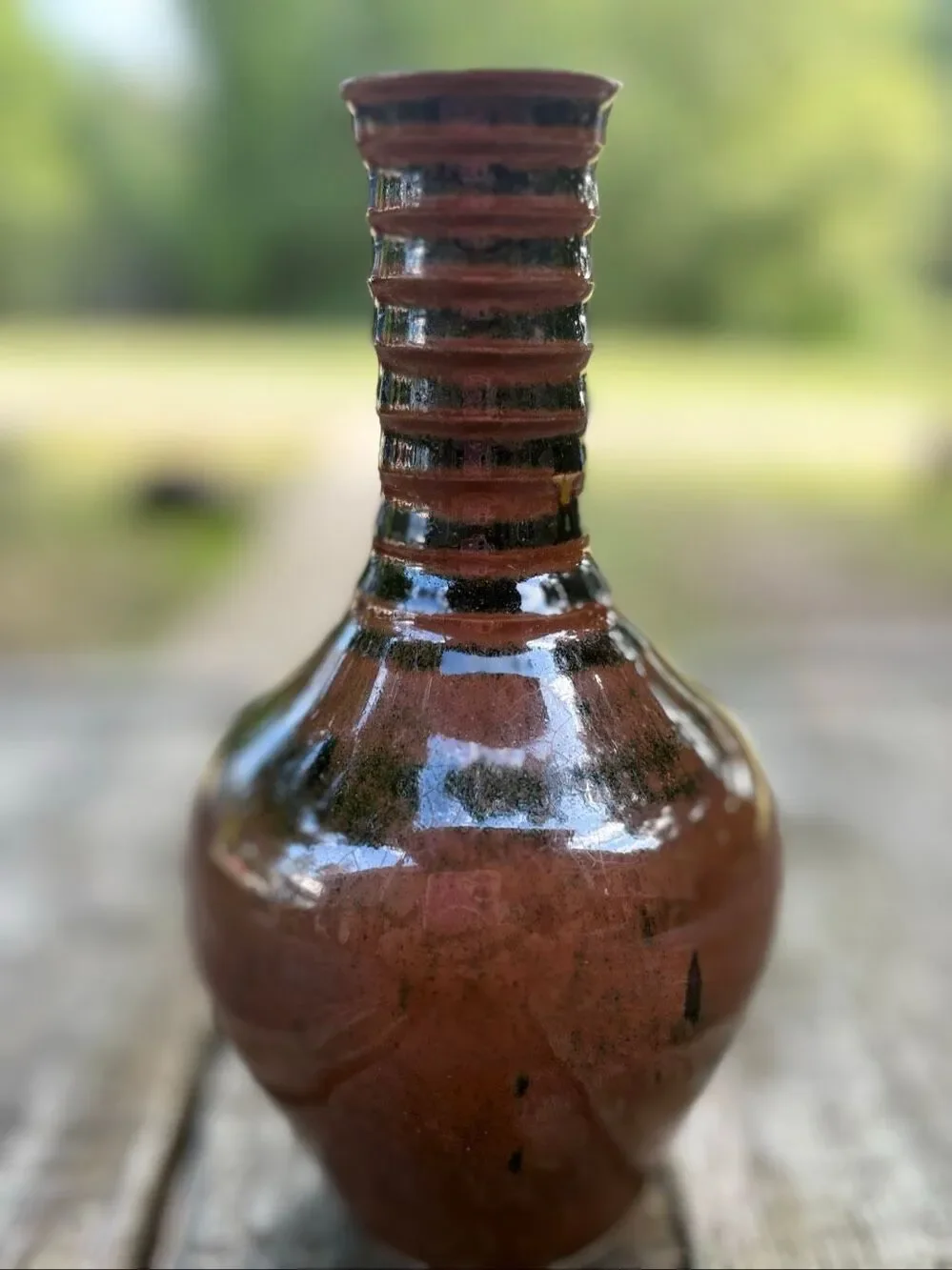 Unknown Studio Pottery Ribbed Neck Bottle Vase Brown Black Glaze Organic Modern